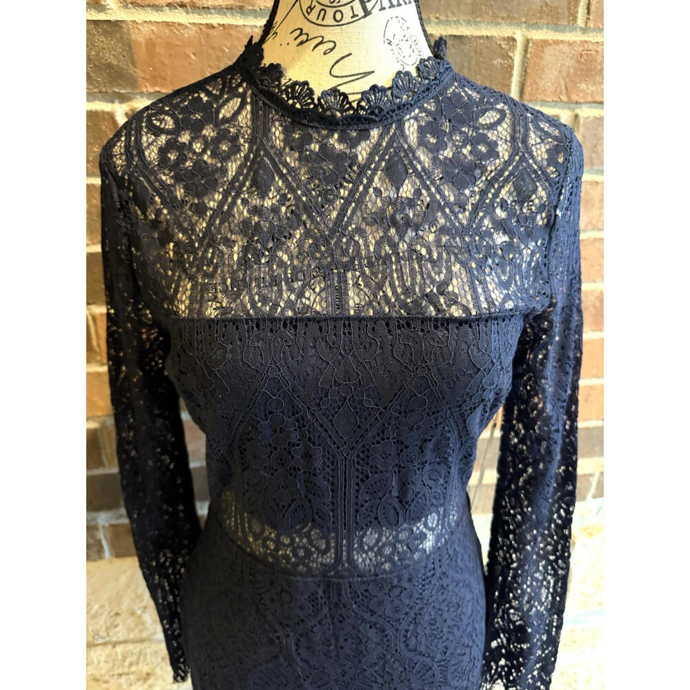 Lulus Navy Lace Dress Long Sleeve Midi Cocktail Party SZ S - Picture 2 of 15